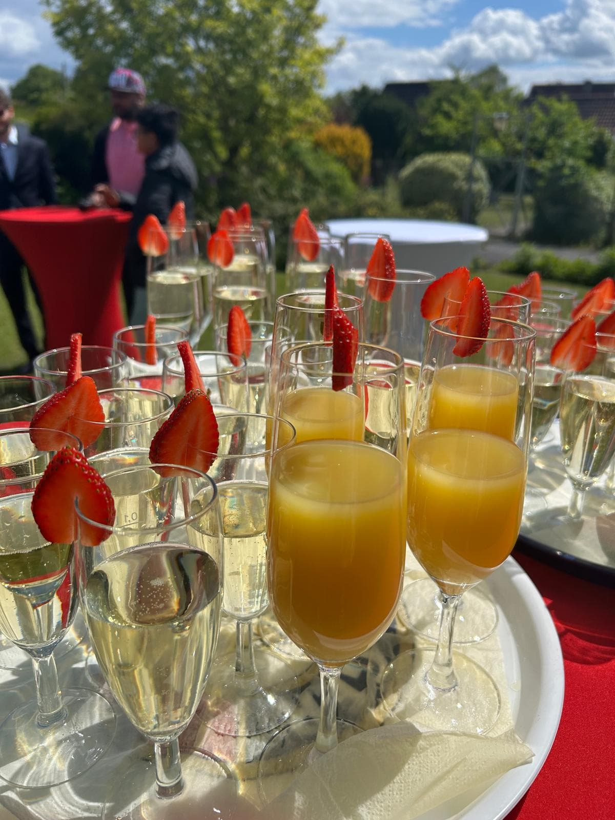 Sektempfang im Garten — Prosecco und Orangensaft mit Erdbeere